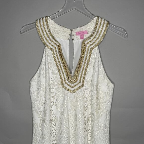 Lilly Pulitzer 8 Calera Jungle White Lace Gold Beaded Shift Dress Preppy Vaca - Picture 4 of 9